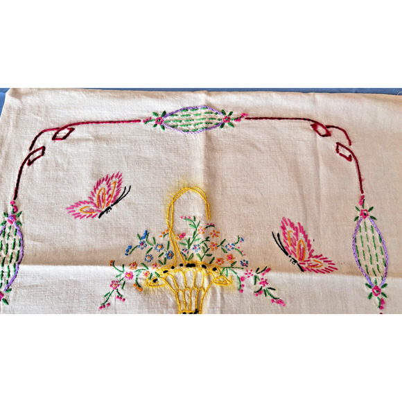 Vintage Embroidery Flower Basket Pillow Cover Case Butterflies 17x16 - Picture 5 of 12